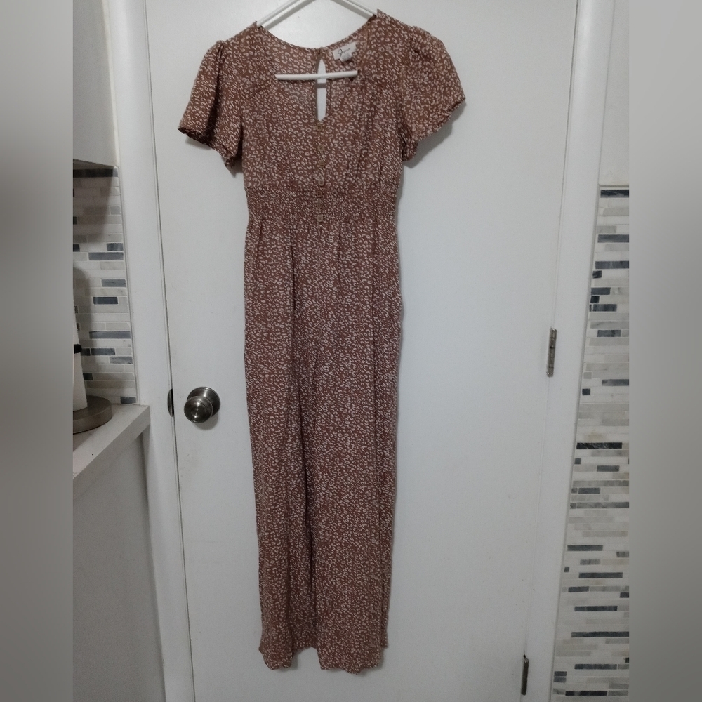 Japna Lt Brown White Cheetah Print short sleeve v neck Smocked waist Jumpsuit XS